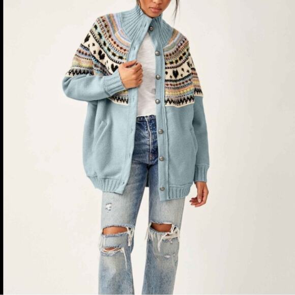 Free People Oversized Cardigan Large Emily Blue NWT - Picture 5 of 11